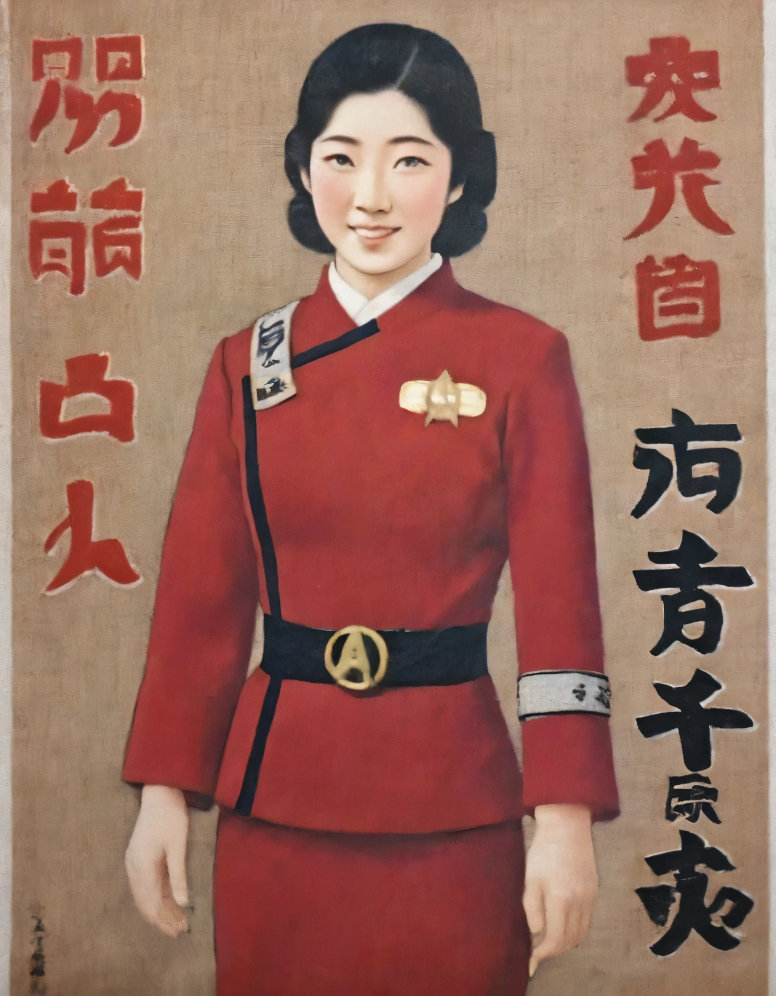 a 1930s Japanese ukiyo e prints poster featuring an fullbody Japanese female in wokunf red uniform with japanese text