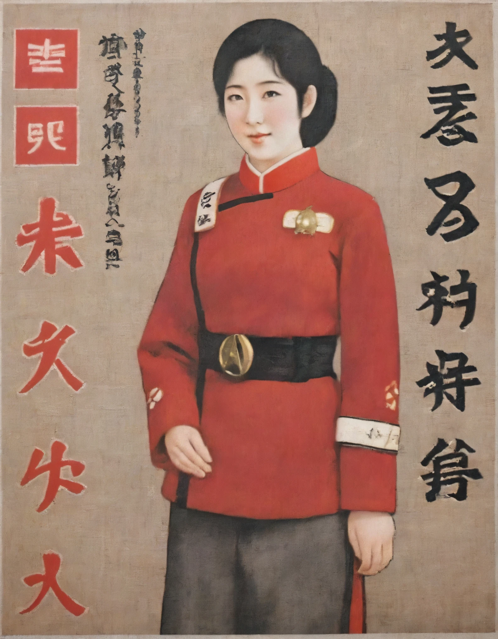 a 1930s Japanese ukiyo e prints poster featuring an fullbody Japanese female in wokunf red uniform with japanese text