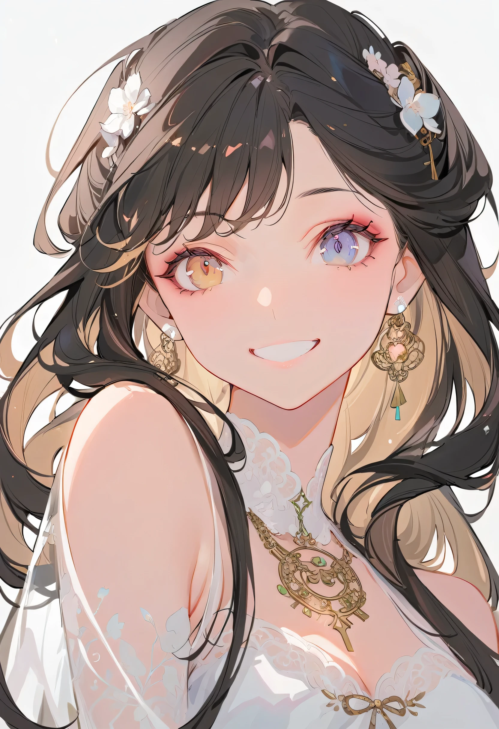 masterpiece, best quality, {best quality}, {{masterpiece}}, {high resolution}, Key Points, anime style, Cartoon closeup of a lady, Girls Design, Second-rate, portrait, Gisha, Anime Character, Long hair, Black Hair, heterochromatic eyes, Hair covers the ears, Happy, Delicate and powerful appearance, Dissonance, High, freckle, Smile