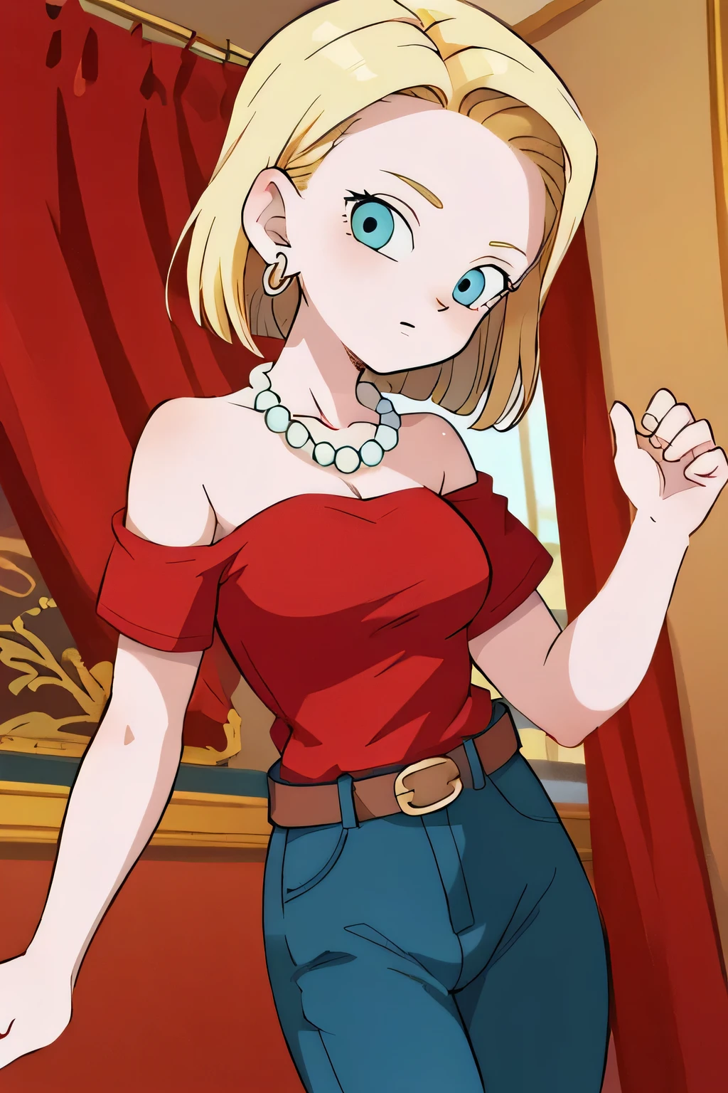 (masterpiece, best quality), 1girl,   android18, blue_eyes, blonde_hair, jewelry, medium_breasts, earrings, belt, blue_pants, strapless_red_shirt, bare_shoulder, jeans, bead_necklace, 