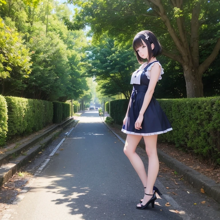 anime girl in a short dress standing on a sidewalk in front of a tree, in dress, cute anime waifu in a nice dress, anime moe art style, , Anime visuals of cute girls, Cute Anime Girl, Anime Style. 8K, Smooth Anime CG Art, realistic anime 3 d style, pretty anime girl, realistic young anime girl
