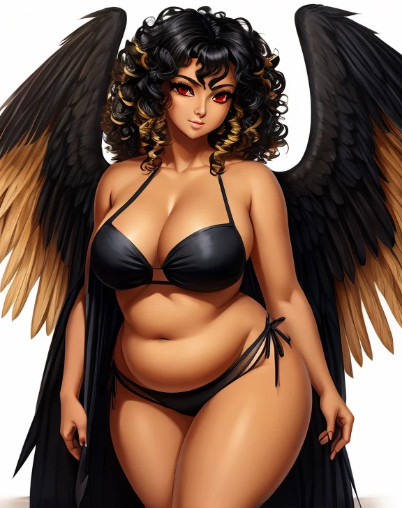 woman who’s chubby but curvaceous with curly black hair with blonde streaks red eyes fluttery long lashes tanned skin and black feathered wings