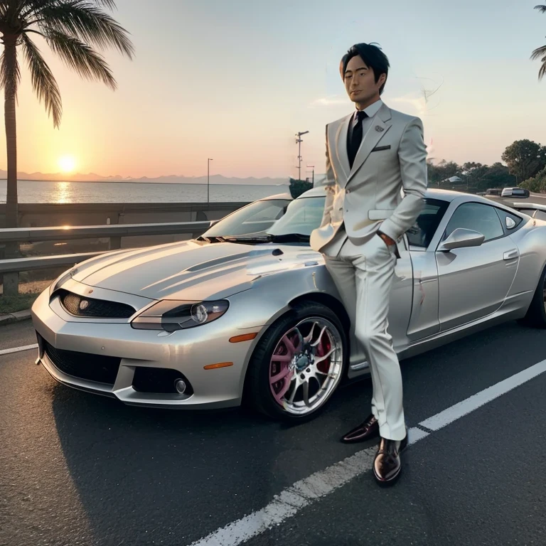 A realistic photo，A young but mature looking Japanese man.Standing confidently in front of a silver luxury sports car parked on the road. He faces the camera directly, Wearing a stylish dark suit and tie, With black leather shoes. The setting sun casts warmth, A golden light appears on the scene, Highlight the elegant attire of the man and the sleek lines of the car in the background, Providing an elegant and upscale lifestyle.