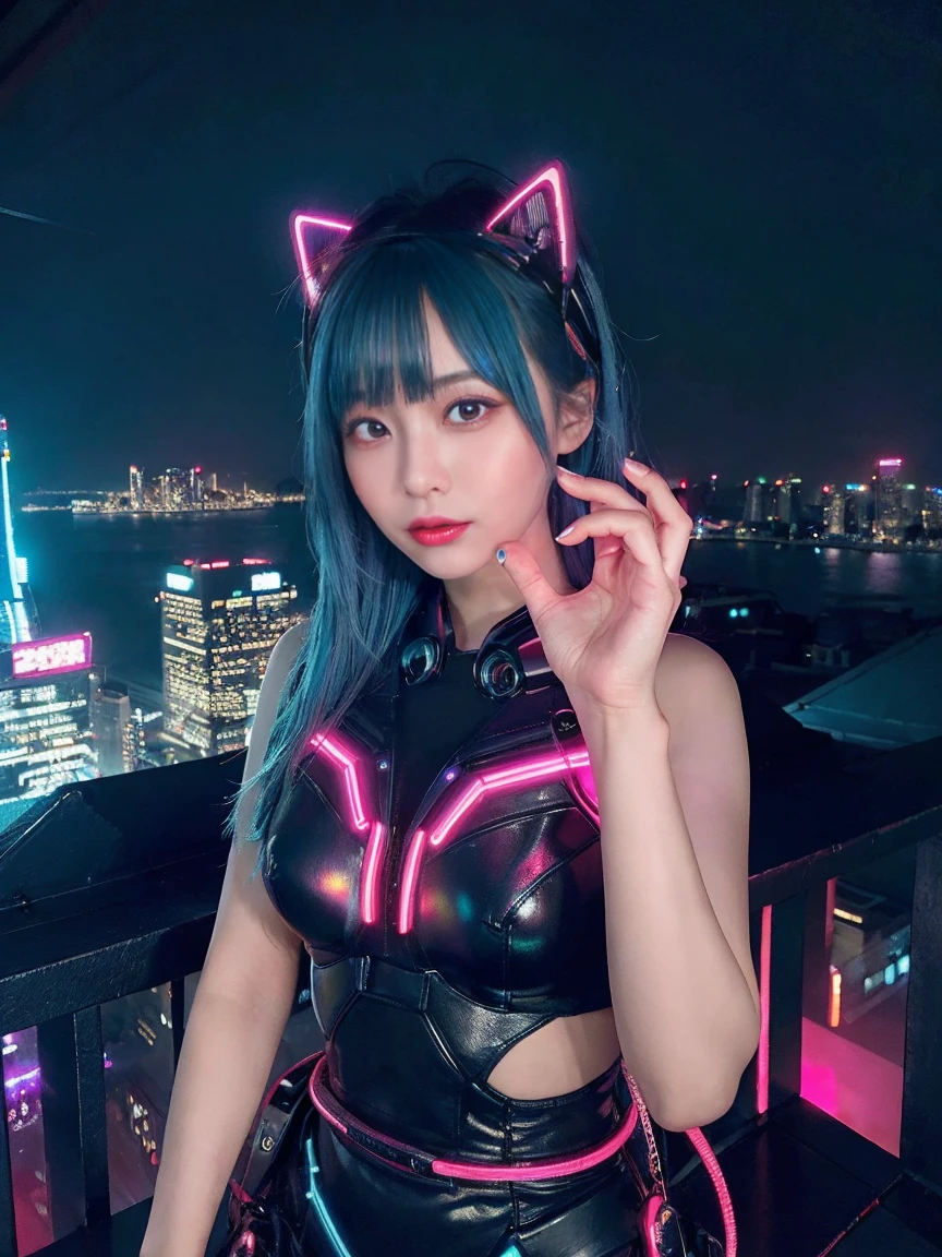 最high quality, masterpiece, 32k、Very detailed、Realistic、1 girl, Japanese women、Cute face, (photo Actual:1.3),Bob Hair(Blue Hair Color、Blue Hair)、Edge lighting, (Skin with attention to detail:1.2), 8k超High resolution, Single-lens reflex camera, high quality, High resolution, 4K, 8k, Optimal ratio of four fingers to one thumb, (Actual:1.3), cute 1 girl, Realistic、Super Realistic、32k、Very detailed、masterpiece, 最high quality, beautiful girl, beauty、Small breasts, Mecha, Beautiful lighting, (Neon Light:1.2), (night:1.5), Cyberpunk Costume、Sitting,Cyber Neon、Future City、Skyscraper、City night、Shanghai、Big cities、night scene、Beautiful night scene