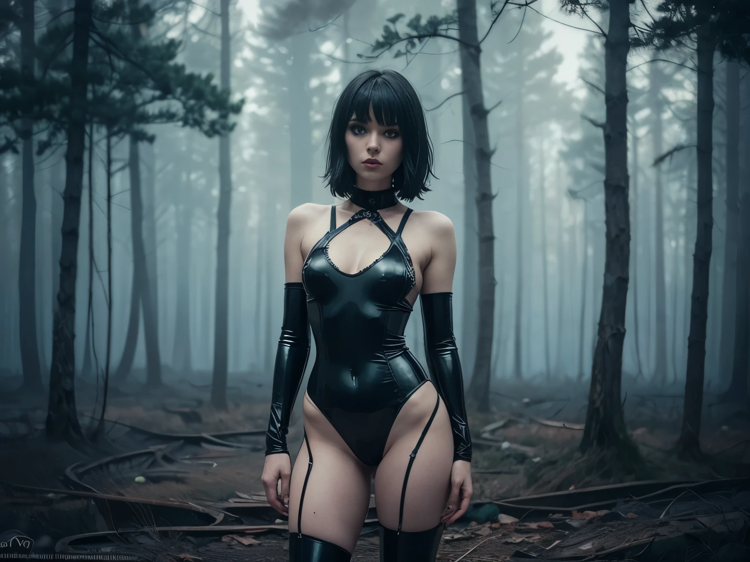 (Best Quality,hight resolution,Masterpiece, full body shot:1.2),Ultra-detailed,woman dressed in shiny latex bodysuit,sickly,standing in a burning abandoned place, high waisted leotard, full body shot, fames all around, perfect body, intricate high waisted bodysuit, fire in the background, centered subject,gloomy ecstasy,fetish,dark gloomy atmosphere, creepy atmosphere, gritty texture,Retro-atmosphere,warped reality,melancholic expression on his face,mysterious aura,foggy atmosphere,foggy background,Subtle color palette,provocative pose,Strong emotions,Coming Out of the Depths of Despair,Piercing gaze,intense shadows,Plunged in Darkness,dark industrial aesthetic,ominous vibe,A supernatural sensation,Loss of Place in Time and Space,Eerie silence.asymmetrical bangs, freckles, black short hair, Bangs, freckles, gray eyes,