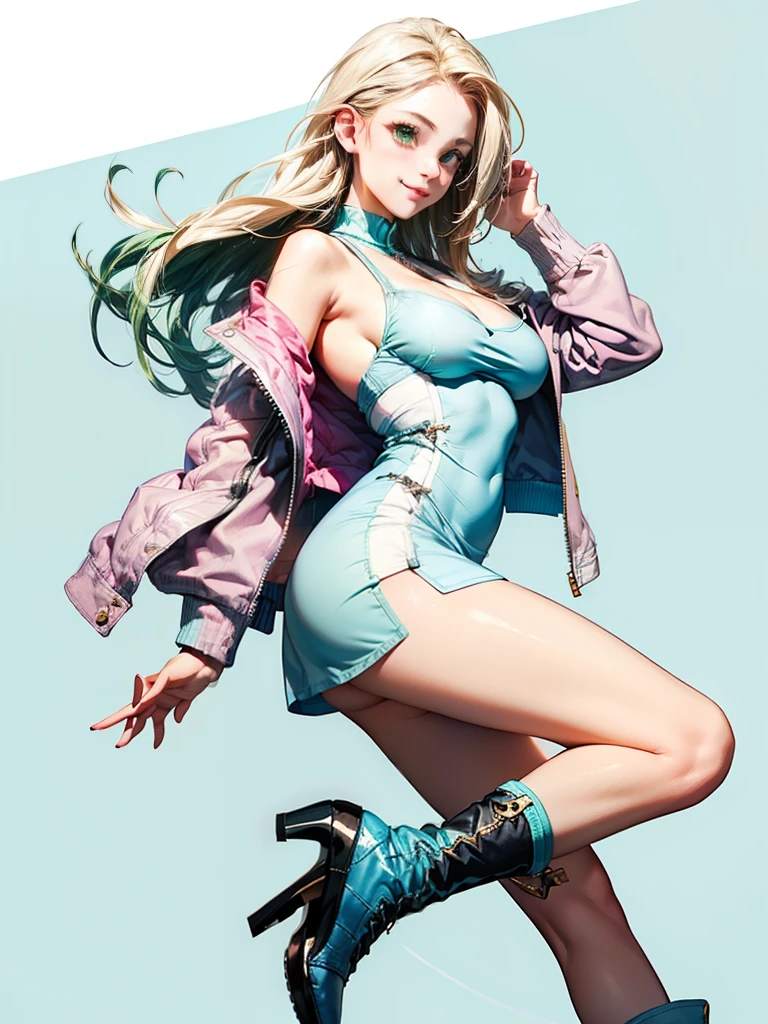 female, blonde flowing hair with green highlights, green eyes, (((1girl))), (((light blue minidress with white trim))), (pink denim cropped jacket), (white thigh high socks), (black boots), cute and sexy, full body, large breasts, cleavage, large butt, long legs, smiling