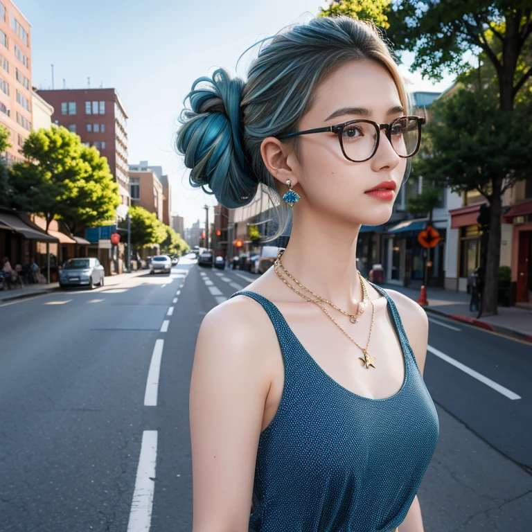 (masterpiece, highest quality, highest quality), (((Perfect body))),Ragged hair,Middle Hair,Chignon Hair,Light blue hair color,Pale black jumpsuit,beautifully,Mysterious:1.2, (One Girl:1.3), Very detailed, Mature Woman,A kind smile,Boston-type glasses, (Mouth closed), (highest qualityのmasterpiece:1.2) Delicate illustrations, Most detailed,Upper body portrait, (Street background:1.3), (Shiny skin), (Many colors:1.4), ,(Earrings),((necklace))), Great trekking shoes:1.3,Walking,