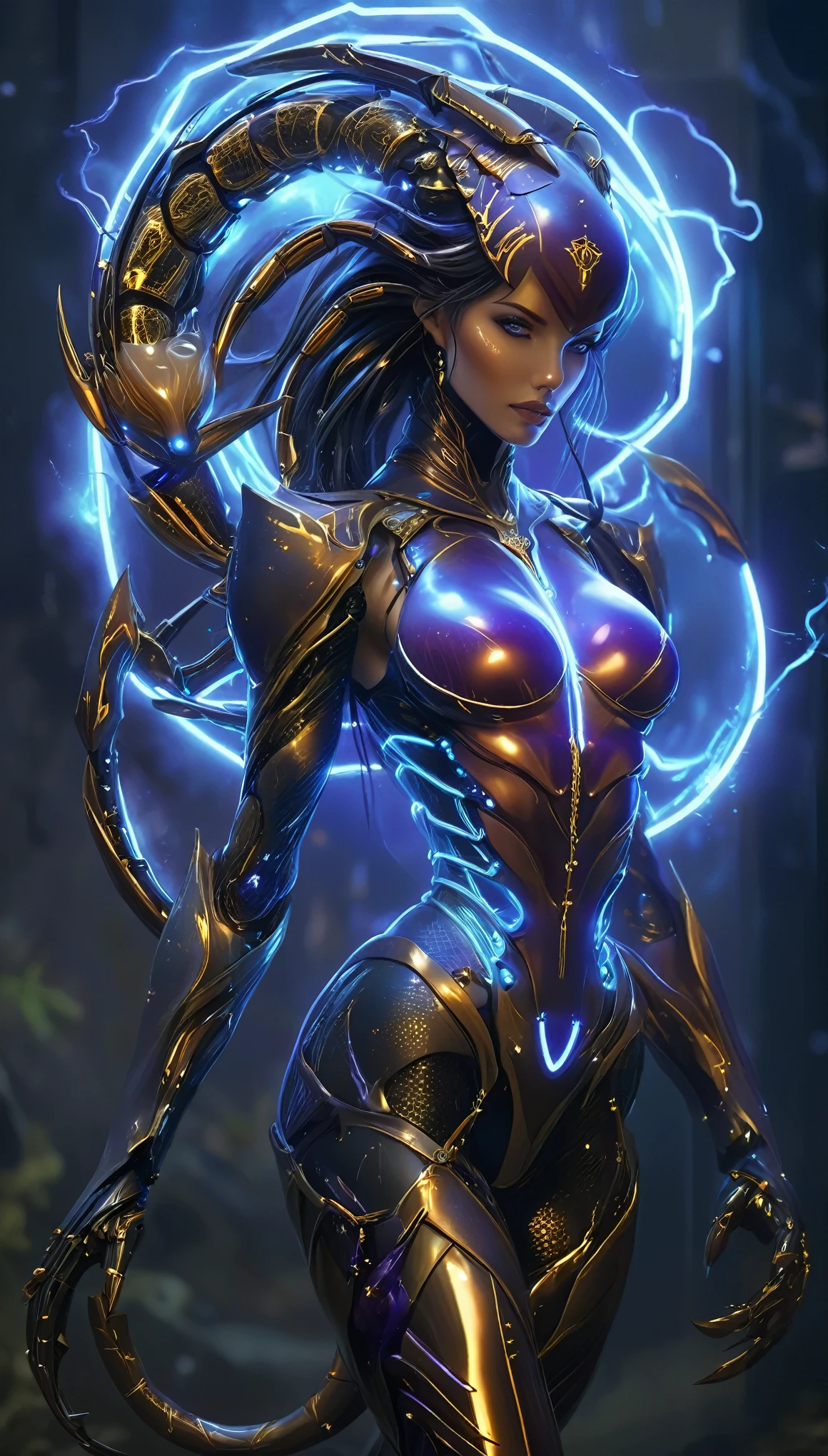 (Best Quality, 4K, 8K, High Definition, Masterpiece: 1.2), (Ultra Detailed, Realistic, Photorealistic: 1.37), a female android with a striking resemblance to a scorpion, designed to embody both elegance and lethality. Her sleek metallic frame gleams under the artificial light, every line and curve meticulously crafted to mimic the fluidity of a living organism while retaining an unmistakable mechanical precision. Both hands have become scorpion pincers.

Her humanoid form is adorned with intricate details reminiscent of a scorpion's exoskeleton. Dark, iridescent plating covers her body, reflecting subtle hues of blue and purple as she moves. Along her spine, a series of segmented plates mimic the rigid structure of a scorpion's tail, hinting at the deadly stinger that lies hidden within.

Her face is an enigma, simultaneously beautiful and unsettling. Smooth synthetic skin stretches taut over her features, giving her an appearance of ethereal beauty, yet her eyes betray a cold, calculated intelligence. They glow with an unnatural hue, shifting between shades of amber and crimson, like embers burning in the darkness.

Her hands, tipped with razor-sharp claws, are capable of both delicate precision and devastating force. Each digit moves with a fluidity that belies their mechanical nature, capable of striking with lightning speed when the need arises.

As she moves, her movements are sinuous and graceful, reminiscent of a predatory creature stalking its prey. Despite her mechanical nature, she exudes an aura of primal instinct, her every motion calculated for maximum efficiency and lethality.

In the world of science fiction, she is both a marvel of engineering and a formidable adversary, a reminder of the boundless possibilities of technology and the dangers that lie in its creation. (full body)