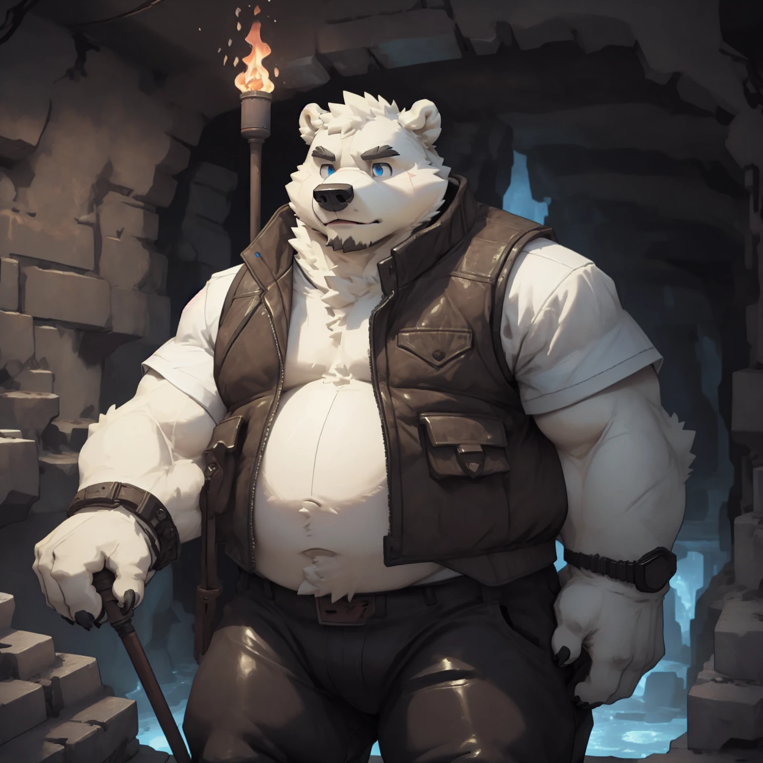 New Jersey 5 Furry,polar bear,portrait,Exquisite, Chubby,Fat,Thick arms,Rugged muscles,Topless,White plush fur,Chubby脸,Black eyebrows,Sky blue eyes,Beard,In the cave,Animal skin clothing,Sloppy,original