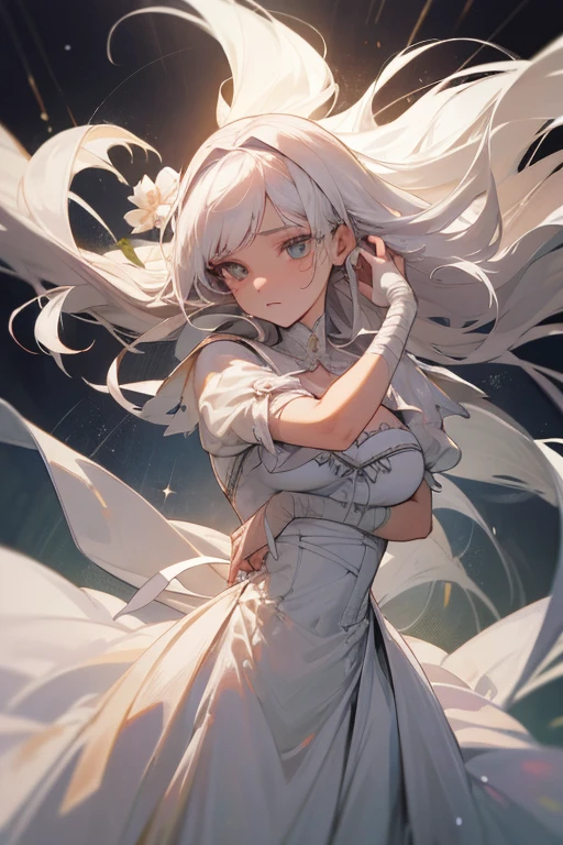 (melhor qualidade, high resolution, ultra-detalhado), mulher, vestido vitoriano rendado, bandages and scars on arms, unhas pretas, long flowing white hair with ribbon, olhos que parecem espelhos ocos, guloseima, Pale skin, ethereal, delicado, soft lighting, vintage estética, fundo estranho