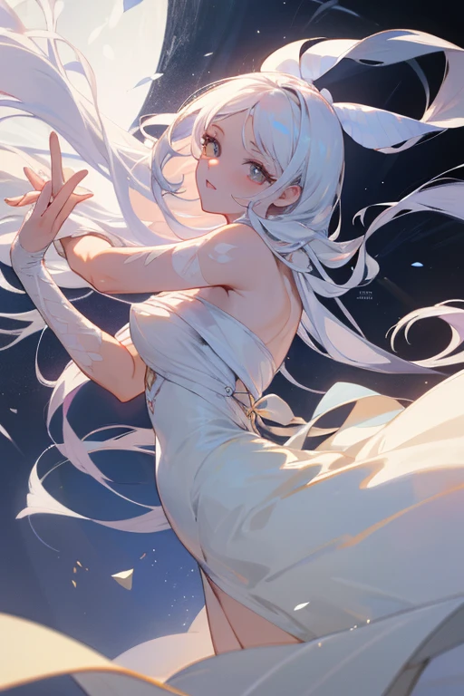 (melhor qualidade, high resolution, ultra-detalhado), mulher, vestido vitoriano rendado, bandages and scars on arms, unhas pretas, long flowing white hair with ribbon, olhos que parecem espelhos ocos, guloseima, Pale skin, ethereal, delicado, soft lighting, vintage estética, fundo estranho
