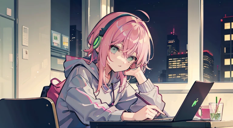 A woman with pink middle-aged hair studying with green headphones　Night time wearing a grey sweatshirt