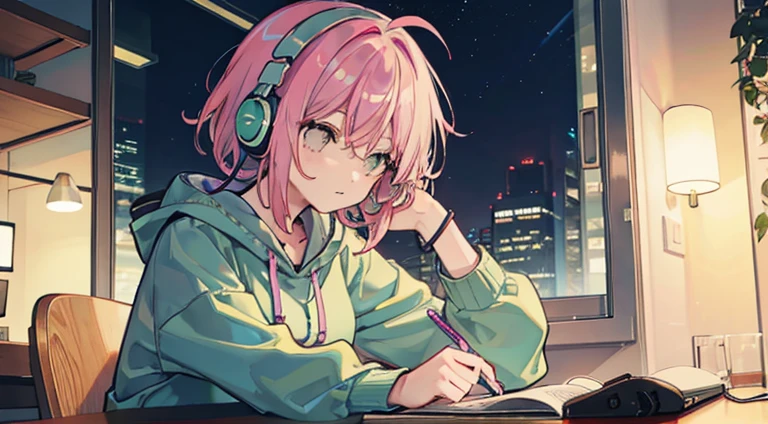 A woman with pink middle-aged hair studying with green headphones Night time wearing a grey sweatshirt
