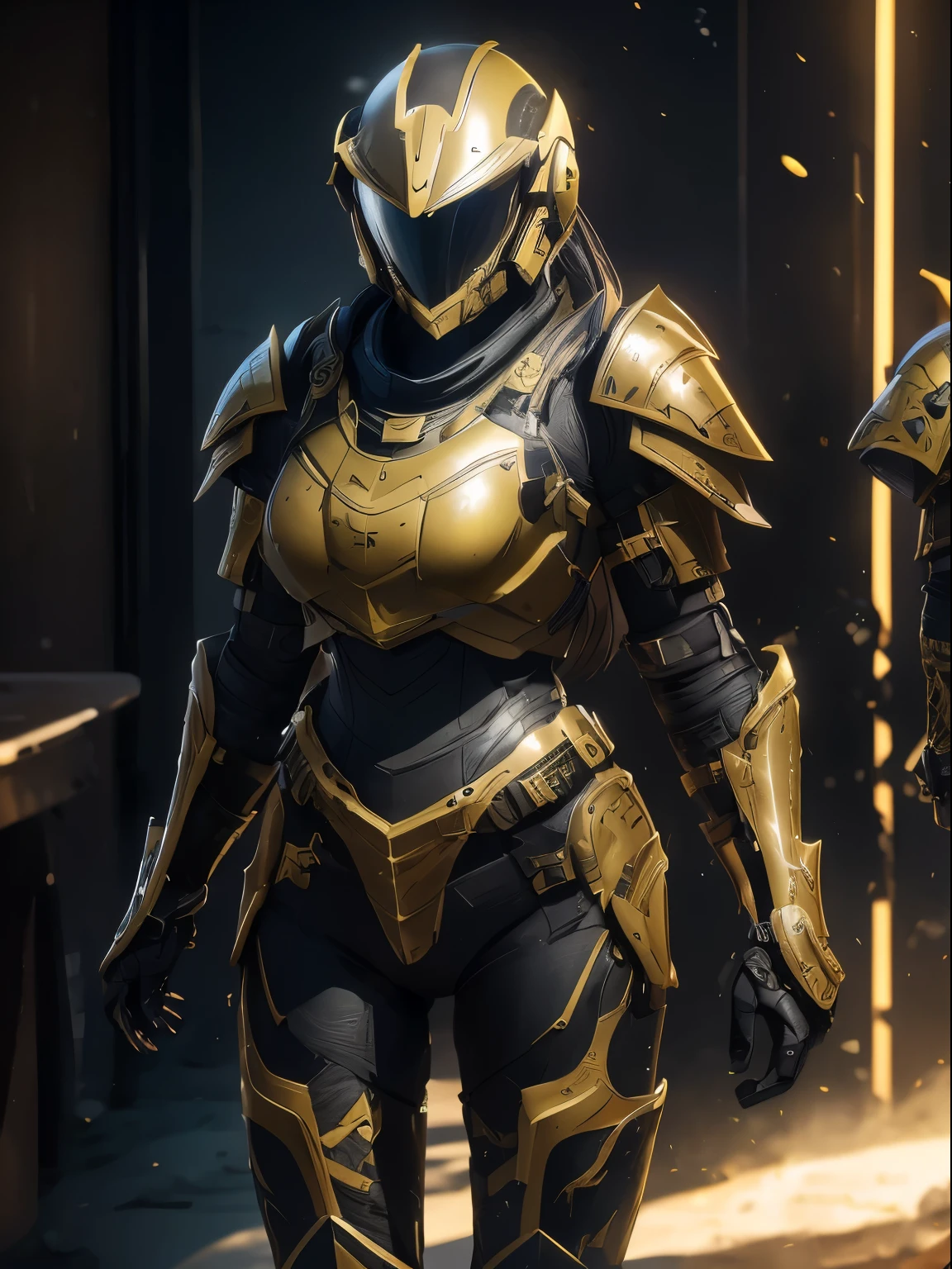 Female Sexy Helldivers,big tits,suggestive pose,black armor and yellow,yellow stripes,Full space helmet,high resolution、masterpiece、top-quality、ultra-detailliert、masterpiece、sharp focus、lighting like a movie、One adult woman、Full body depiction、Black reinforced armored suit for troops、Helmet that covers the head and face、With full face shield、full armor、Full Face Armor、Black combat goggles、Black sunglasses、Gun firing、glint、sky at night、 battle field、detailed face depiction、Detailed hand depiction、watching at viewers、Dynamic action