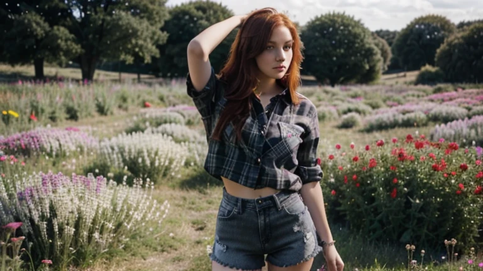 Redhead girl, 20 years old, posing in a field of flowers, wearing a charcoal grey plaid shirt and black denim shorts