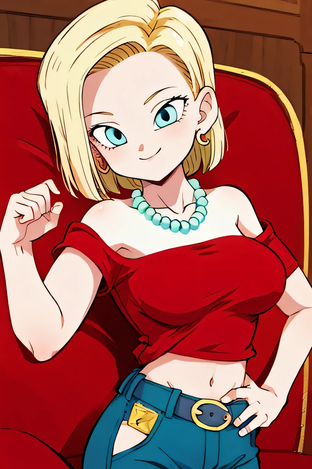 (masterpiece, best quality), 1girl,   android18, blue_eyes, blonde_hair, jewelry, medium_breasts, earrings, belt, blue_pants, strapless_red_shirt, bare_shoulder, jeans, bead_necklace, seductive_smile