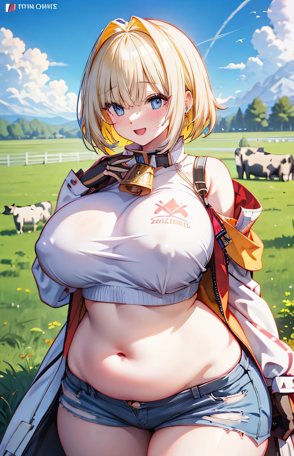 Anime illustration、highest quality、Short high school girl、Cowbell collar、big belly button piercing、Mechacle、Holstein daughter、Cow print tube top、hot pants、Cow print knee socks、Perfect proportions、vast ranch、Pasture、Cowshed、Clear skies、overwhelmingly big breasts、Beautiful, shining eyes、Cowboy Shot、smile、Excessive sweating、Noise Reduction、Give me your hand