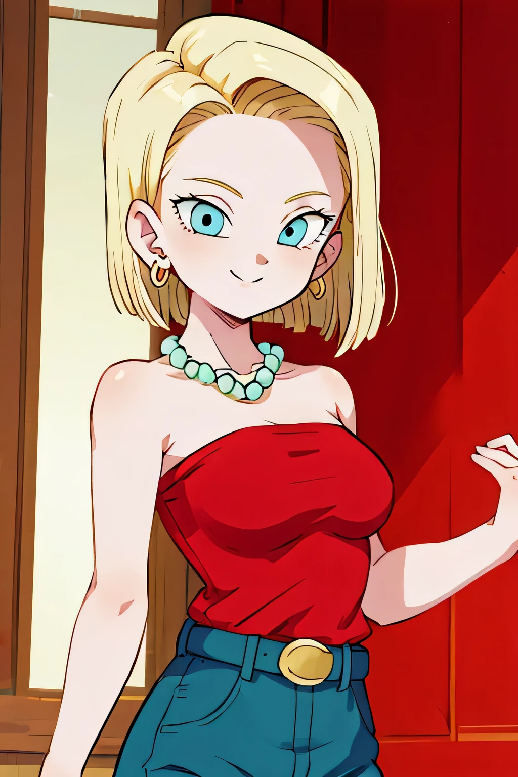 (masterpiece, best quality), 1girl,   android18, blue_eyes, blonde_hair, jewelry, medium_breasts, earrings, belt, blue_pants, strapless_red_shirt, bare_shoulder, jeans, bead_necklace, seductive_smile