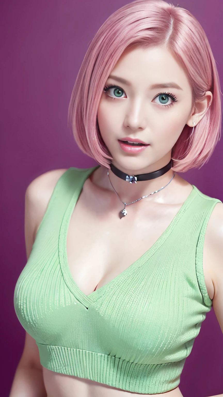 Tabletop, highest quality, Photorealistic, In detail, High resolution, 8k wallpaper, Perfect dynamic composition, Pink Short Hair、Green Eyes、Beautiful fine details, Big ample breasts,Cleavage、 Random sexy poses,Put your chest together、(Open Chest Crop Tank Top Knitwear Clear Clave)、(Breast Swelling 1.2)、Laughter、Open your mouth、Resort scenery、Age 25、(Droopy Eyes 1.4)、 beauty、Japanese,choker