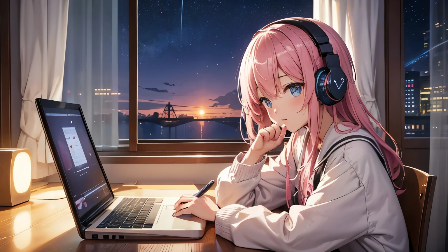 Listening to music with headphones in a room with fluttering girlish pink curtains、A girl studying。There is a laptop computer open in front of the desk.、Eyes following the screen。A pen is in hand and writing in a notebook。Outside the window, the shadow of a building floats faintly in the starry sky.、Night Scenery。Japanese anime style。