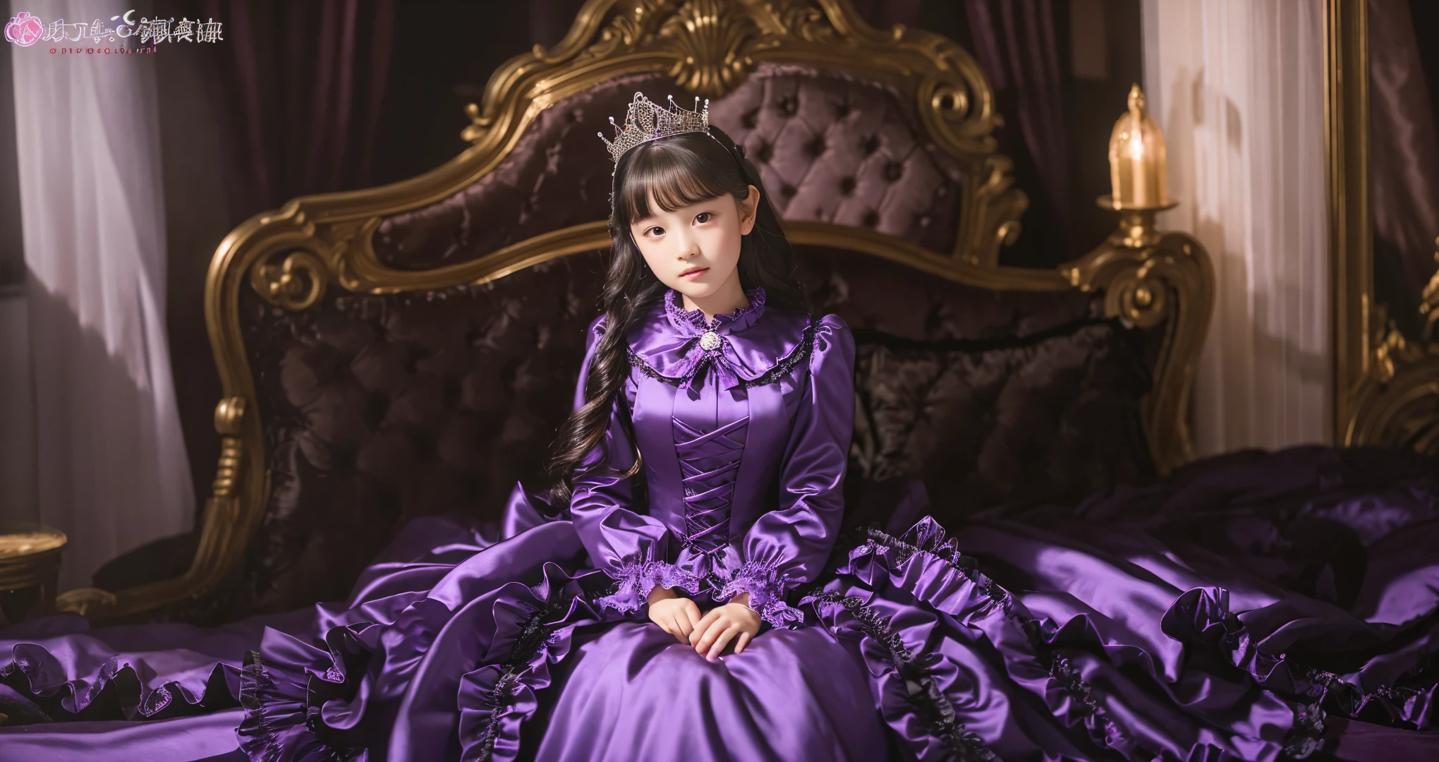 ,highest quality, masterpiece, Highest Resolution, artwork, super それにGet used to it, many Get used to it, Get used to it, それにGet used to it, 3K ultra-high resolution realistic photos,,(( When I was )),Super detailed baby face,She is a princess,Full-length ball gown dress with hoop skirt,Frilled yoke collar,Puff sleeves,Long sleeve,((Lolita styleck and purple princess satin dress、Lots of frills and ribbons。)),Rococo Fashion,shiny satin dress,Soft and smooth fabric,luxury,Long black hair,Red eyes,White skin European,Vampire,pajamas,((In the dark palace)),,,(( When I was 10 years old)),Sd baby face,Full-length ball gown dress with hoop skirt,Long skirt,Frilled yoke collar,Puff sleeves,pajamas,((In the bedroom of the Demon King's castle)),黒と紫のシルクサテンのluxuryなCanopy bedの上,Canopy bed,Luxurious curtains under a canopy,There were a lot of frilly pillows on the bed.,Highly detailed background,Detailed bed,Silk satin bed sheets,Soft silk satin quilt,Soft silk satin ruffle pillow in pastel colors,The little princess is sitting on the bed,((((A large ball gown dress that completely covers the legs)))),((((Her legs are hidden by the dress,Don'Don'put your legs out to the side)))),Beautiful girl illustration,Beautiful detailed face Detailed hair,Detailed human eye ,Mouth details, Arm details,Beautiful Hands,Detailed pillow,Behind the girl were piles of frilly pillows.,