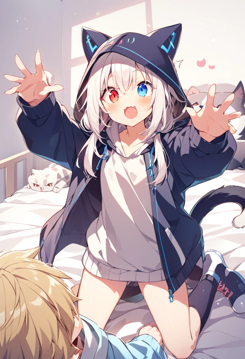 girl,hoodie,On the bed,Excited,Heterochromia Red eyes Blue eyes,Flat Chest,Cat ear,Catの尻尾,boy,cute,Cat ear,Cat&#39;tail,Dick,Have sex