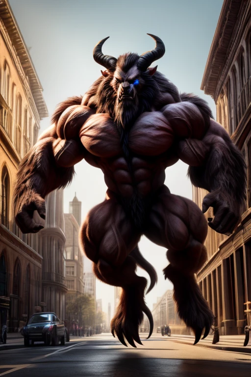 A photorealistic image of the Beast from the movie Beauty and the Beast, super muscular giant, with muscular arms, broad shoulders, giant and toned physique, bursting muscular veins, blue eyes, tail, super furry brown fur, backward facing horns, with veins jumping, barefoot, super giant in the center of a city