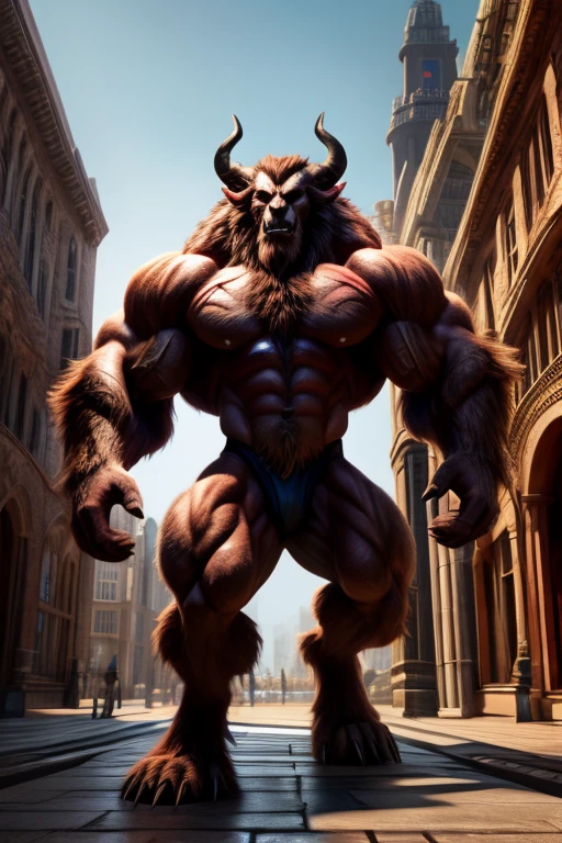 A photorealistic image of the Beast from the movie Beauty and the Beast, super muscular giant, with muscular arms, broad shoulders, giant and toned physique, bursting muscular veins, blue eyes, tail, super furry brown fur, backward facing horns, with veins jumping, barefoot, super giant in the center of a city