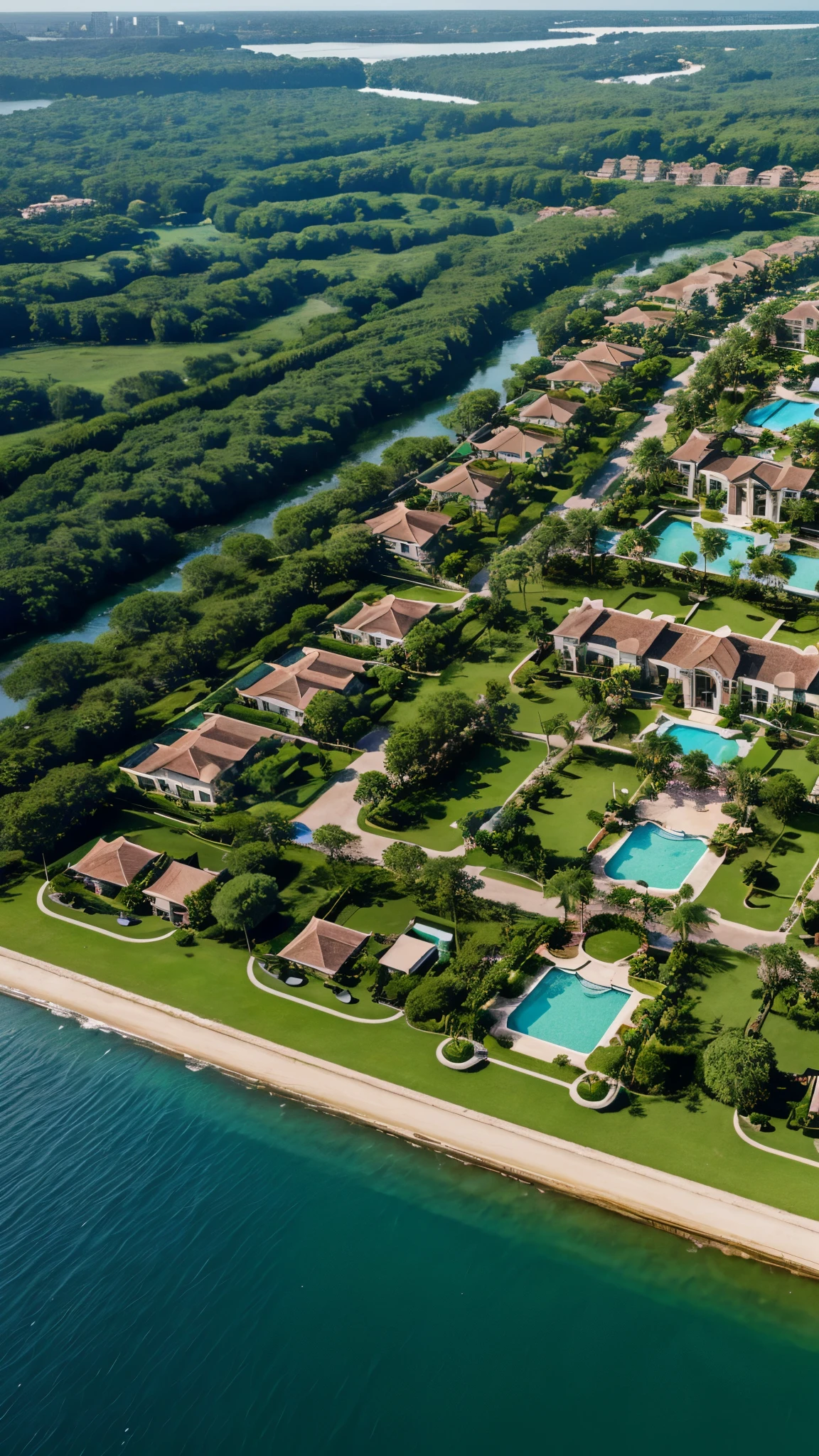 aerial view of an image of a luxury estate nestled in a serene environment, featuring identical apartments surrounded by lush greenery and tranquil water bodies.", scene design