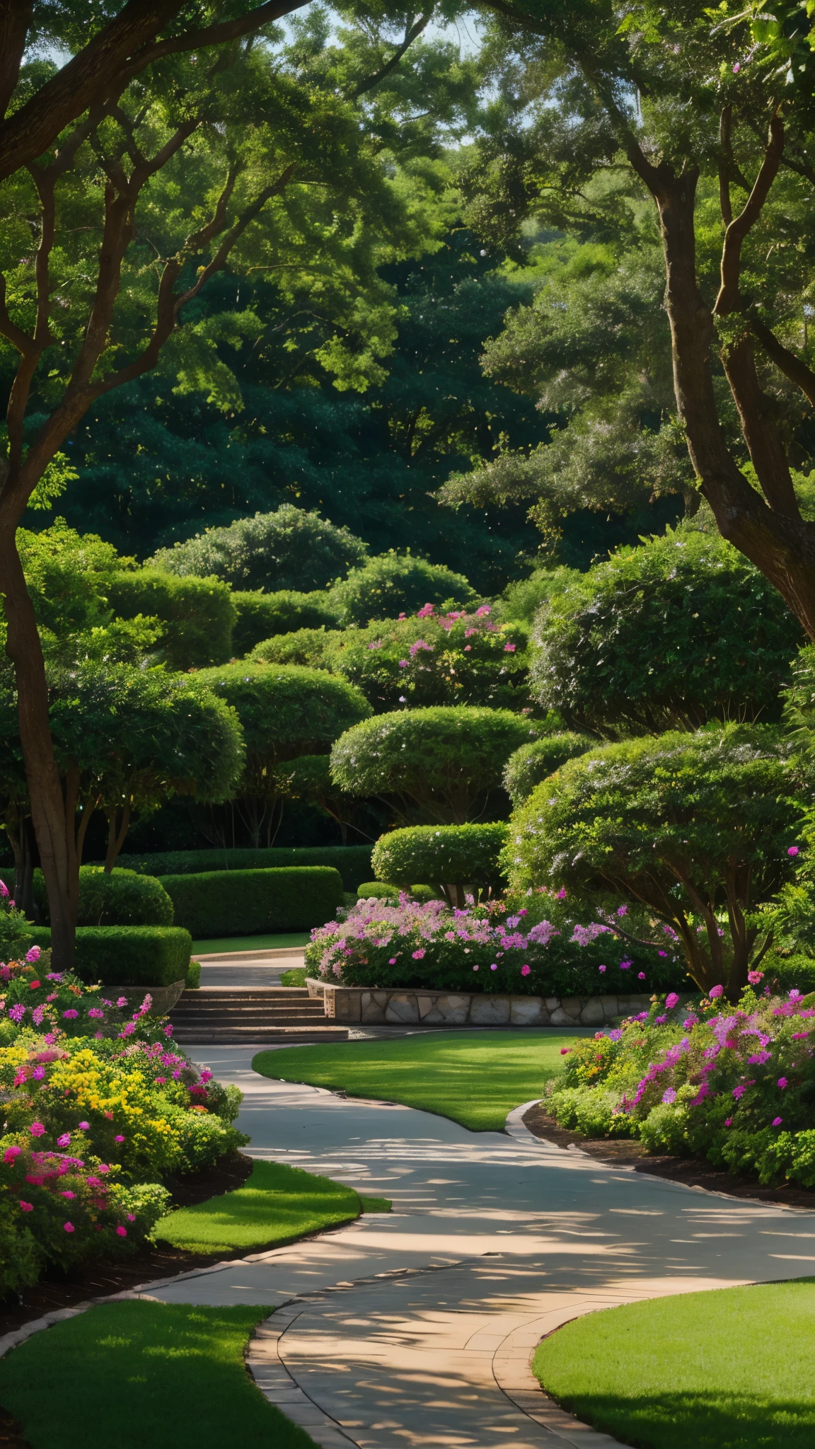an image showcasing the meticulously landscaped gardens and walking trails of the luxury estate, winding through vibrant flower beds, shaded groves, and scenic overlooks, providing residents with a peaceful retreat in nature."