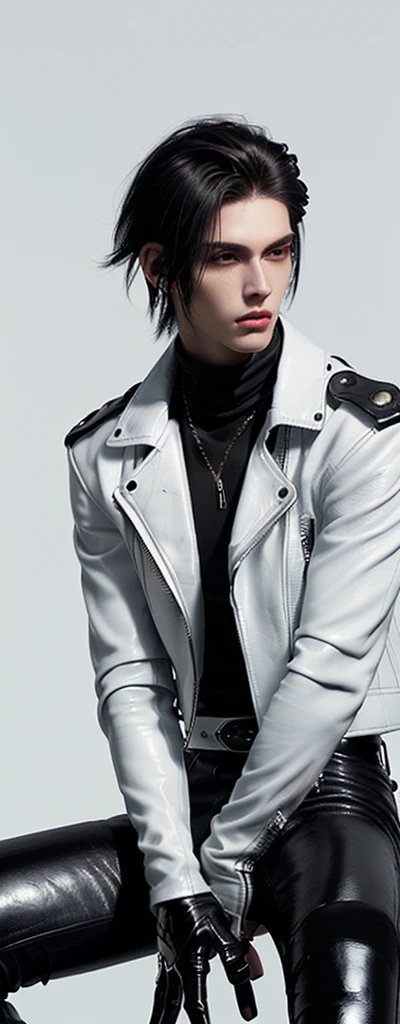 Final Fantasy-style graphics, young, Cute and cool Japanese boys, Thin eyebrows and big eyes, He is wearing a shiny white single-breasted leather jacket.......。Biker style leather jacket、 with epaulettes, The jacket is zipped up, The jacket pockets are black., The jacket has a high stand-up collar with a belt, Also wearing a black turtleneck, Black Leather Pants, Thin black leather gloves on both hands, Black leather knee-high lace-up boots, Show me your ((whole body)) from head to toe, Final Fantasy Style、((good looking))、((Age: 20 years old))、((good looking))、((Clear eyes and nose))、((Shiny white single leather jacket))、((The jacket must be white color.))、((The jacket has epaulettes))、((Jacket has a high stand-up collar and belt))、((The jacket has a black pocket))、((Black turtleneck shirt))、((Black Leather Pants))、((Always wear shiny black leather gloves on both hands))、((Cover all fingers on both hands with gloves))、((Black lace-up leather long boots))、((View full-body images from a distance))、Realistic image quality and texture、In a small cell、close your eyes、A kind smile、((The front of the jacket is closed with a zipper))、((No skin below the neck))、((round face)、((Short Hairstyleedium build))、((Upright posture))、((don't sit))