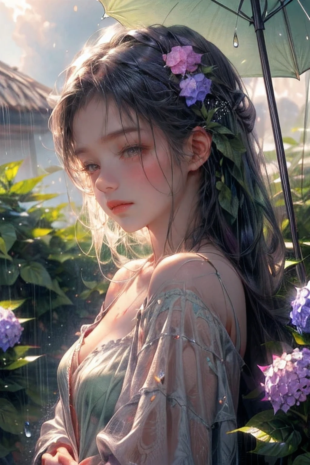 (best quality,4k,highres,masterpiece:1.2, beautiful ultra-details),cute girl in a garden,barebreast, bare shoulder, bare arms, beautiful detailed eyes,beautiful detailed lips,extremely detailed eyes and face,long eyelashes,(soft raining:1.1),(many hydrangeas in full bloom:1.1),(serene atmosphere),(gently falling raindrops),(soft and delicate petals),(fresh green leaves),(damp ground),(peaceful and tranquil scenery),(subtle sound of raindrops),(vibrant colors),(subtle shades of purple),(gentle breeze),(magical atmosphere),(ethereal beauty),(dream-like setting),(sunlight filtering through the clouds),(serene expression),(comfortable clothing),(enjoying the beautiful view),(wet hair),(water droplets on the skin),(peaceful ambiance), 
