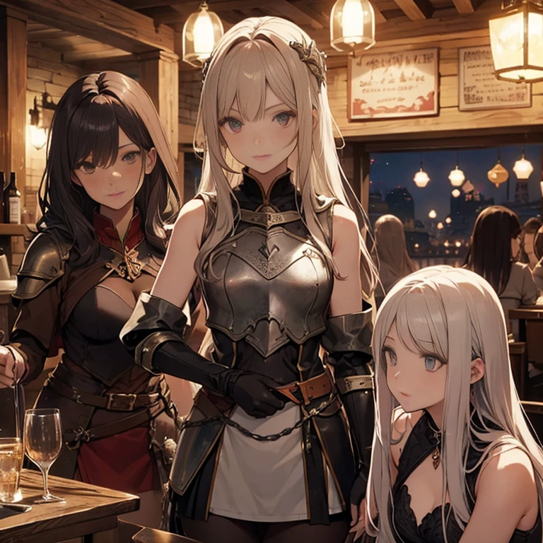 A group of female medieval fantasy adventurers, (in tavern), various hair styles, harem, night, details face, short skirt, seducing, sleeveless, armor