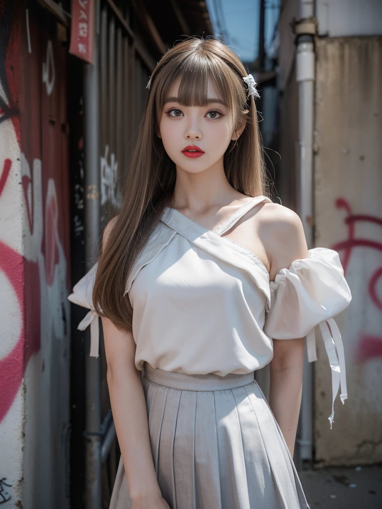 RAW Photos, 8k, (highest quality), Realistic, (live-action, Intricate details), (Natural skin texture, Detailed skin, Hyperrealism, Sharpness), (Japanese teenage girl standing in a dirty back alley at night, graffitied wall:1.3), ((gray and white jirai fashion, skirt, blouse)), (Pale skin:1.2), Slender body, ((Blonde, Long Hair, Blunt bangs)), (Fascinating face, Provocative look, Lips parted:1.3, eye shadow, eyeliner, Tear bags:1.2, Red lips, Dark circles under the eyes), A shy smile, graffiti:1.5, at night, Spot lighting:1.3, Upper Body Shot