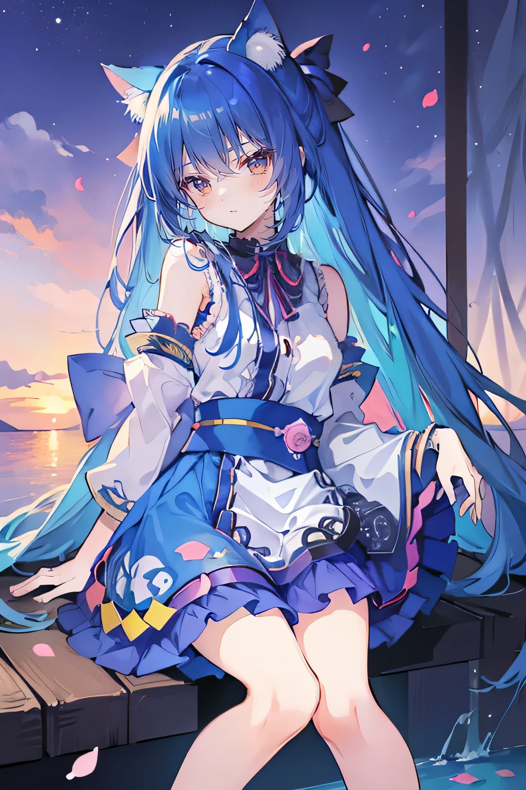 (masterpiece:1.2),Super detailed,lifelike,Expressive eyes,fair skin,perfect face shape,1 girl,
Japanese comics,Gorgeous blue hair,flowing blue hair,flowing clothes,Cat ears,Petals fall,beautiful lola,Baby Angel,
Shaking head with one hand,Cross your legs,,The pavilion is cool and comfortable,smile,back views,sunrise,Petals fall, winter,lie on the water,tokyo back views.