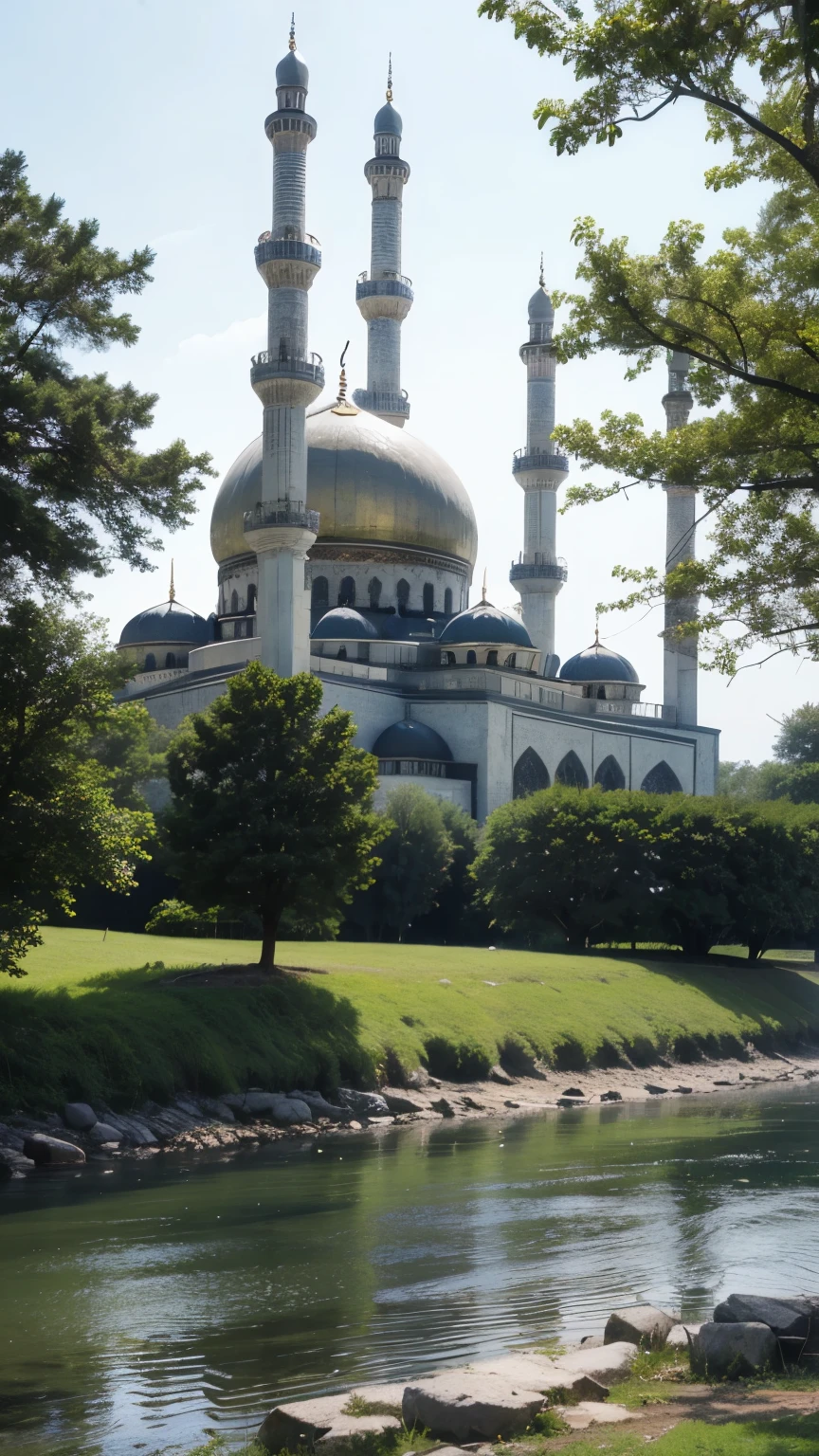 mosque, beautiful, exterior, trees, river 