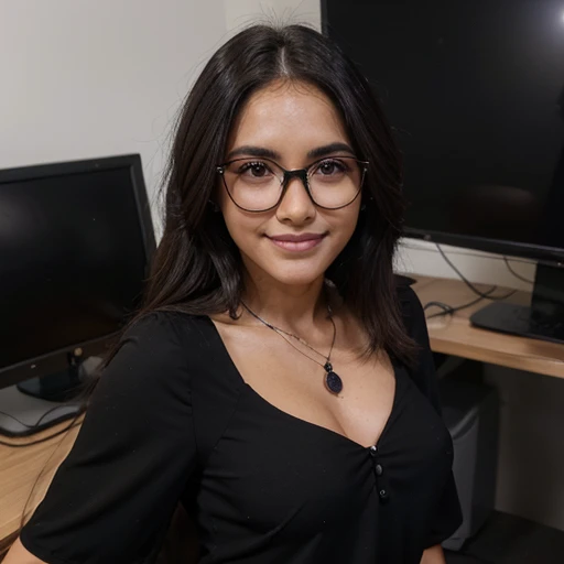 Mulher morena, advogada, round black glasses, cabelos pretos lisos, sorridente, ((terno preto, gravata amarela)), usando o computador, in your office.