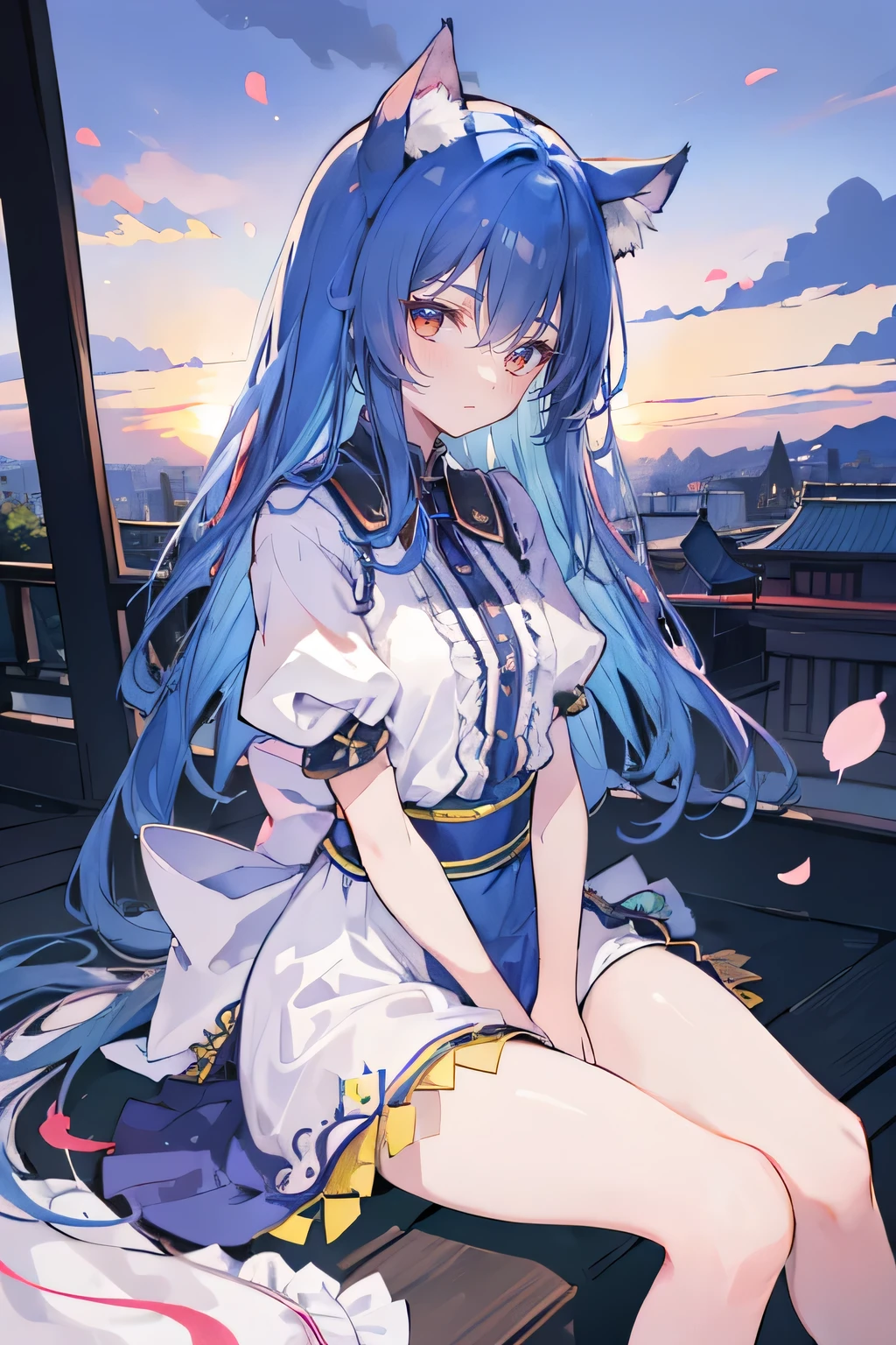 (masterpiece:1.2),Super detailed,Practical,expressive eyes,Fair skin,Perfect face shaping,1 Girl,
Japanese cartoons,Gorgeous blue hair, the long flowing blue hair,Floating clothes,Cat ears,Petals falling,beautiful lola,Young Angel,
Hands on waist,sit elegantly on the ground,Cross your legs,Gentle and peaceful background,Cool and cozy pavilion,Sunset,