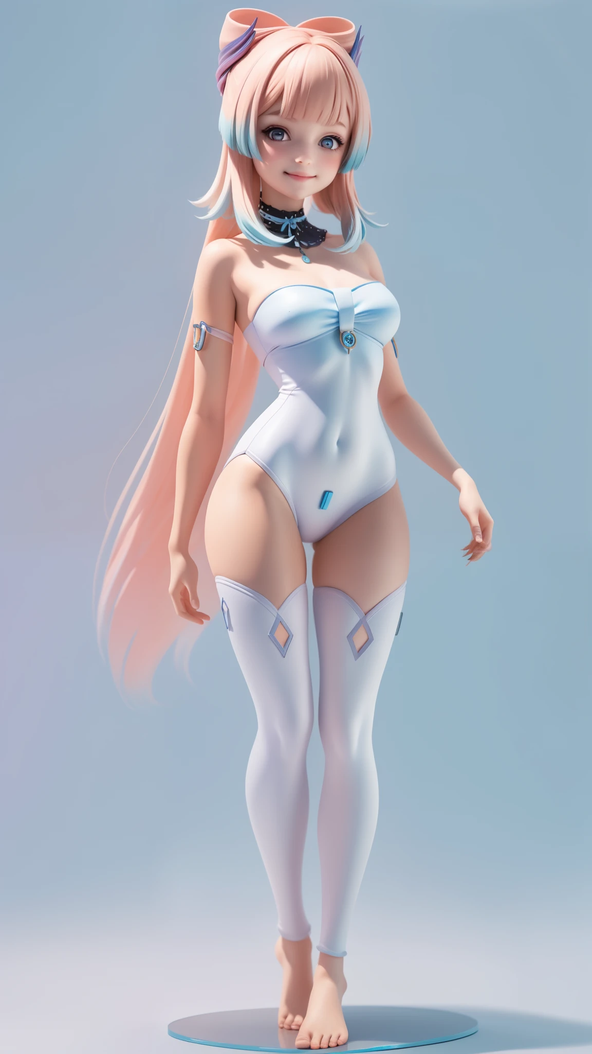 (Masterpiece), (Best Quality), (Ultra-detailed), (Full Body: 1.2) Teen Girl, Light and Detailed, Clear Smile, Full Body, Modern Hair, Modern Accessories, Pastel Background, Swinsuit, barefoot.