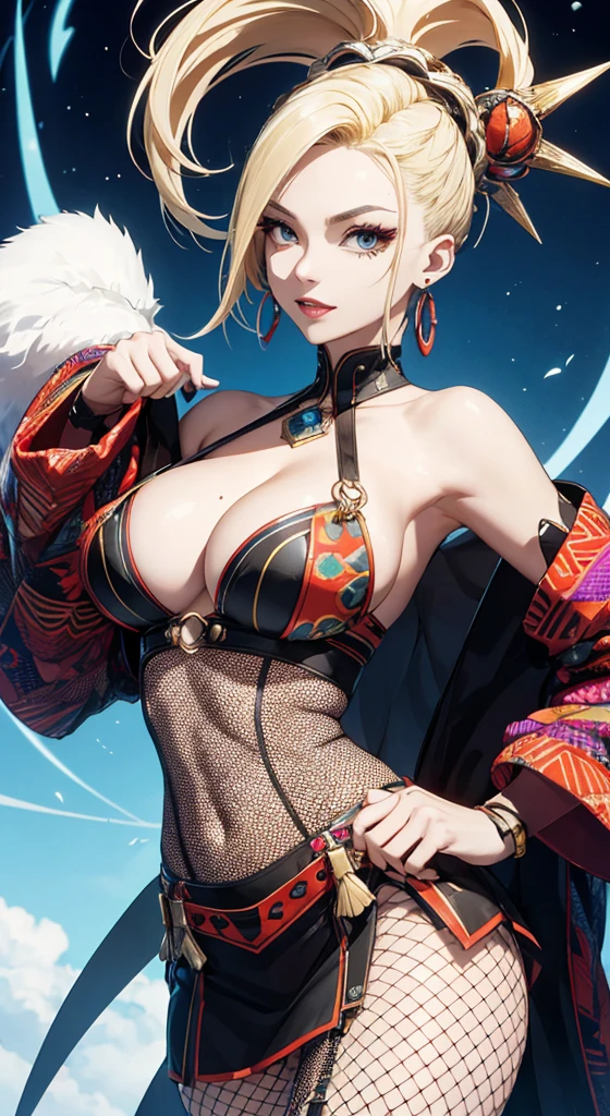 Very detailedな CG Unity 8K UHD 品質解像度の壁紙, Award-winning portraits, Official Art, A perfect masterpiece, highest quality, Highest Resolution, The most beautiful demon goddess,  フード付きCostume,  mini skirt，Fishnet tights， Bold colors and patterns, Trendy and innovative blonde mohawk hairstyle, Bright makeup, Super huge huge , Showing cleavage, accept&#39;large chest sticks out&#39;Costume,  Vibrant color scheme, Insane Details, Beautiful and dense face, blush, Sexy and charm lascivious expression,   Obscene, Saucy, charm, sexy, Dynamic pose, Intricate details, Very detailed.shrine，temples，