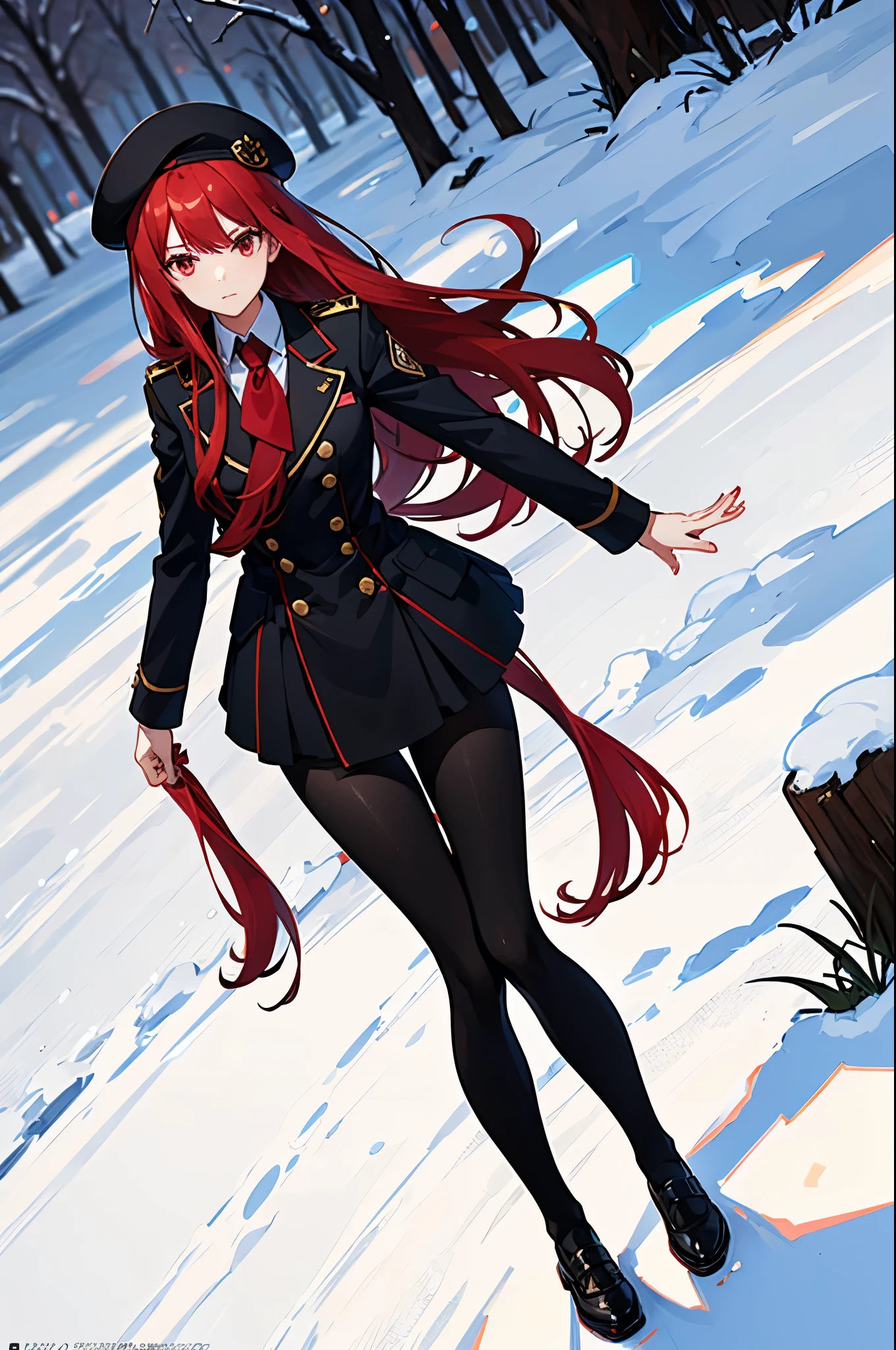 1woman, long red hair, red eyes, academy uniform, beret, standing on ground, high res, ultra sharp, 8K, masterpiece