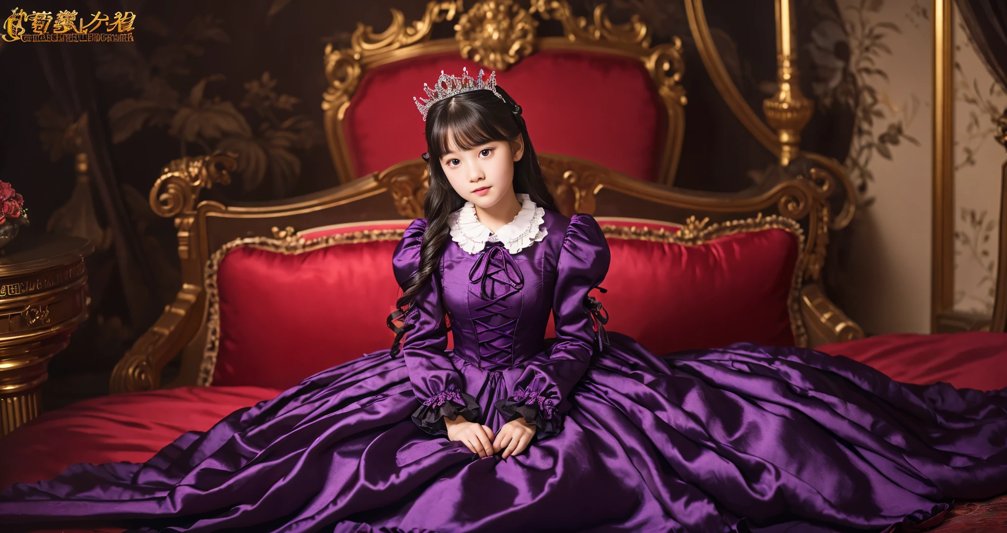 ,highest quality, masterpiece, Highest Resolution, artwork, super それにGet used to it, many Get used to it, Get used to it, それにGet used to it, 3K ultra-high resolution realistic photos,,(( When I )),Super detailed baby face,She isss,Full-length ball gown dress with hoop skirt,Frilled yoke collar,Puff sleeves,Long sleeve,((Lolita style black and purple princess satin dress、Lots of frills and ribbons。)),Rococo Fashion,shiny satin dress,Soft and smooth fabric,luxury,Long black hair,Red eyes,White skin European,Vampire,pajamas,((In the dark palace)),,,(( When I was 10 years old)),Super ce,Full-length ball gown dress witirt,Long skirt,Frilled yoke collar,Puff sleeves,pajamas,((In the bedroom of the Demon King's castle)),黒と紫のシルクサテンのluxuryなCanopy bedの上,Canopy bed,Luxurious curtains under a canopy,There were a lot of frilly pillows on the bed.,Highly detailed background,Detailed bed,Silk satin bed sheets,Soft silk satin quilt,Soft silk satin ruffle pillow in pastel colors,The little princess is sitting on the bed,((((A large own dress that completely covers the legs)))),((((Her legs are hidden by the dress,Don'Don'put your legs out to the side)))),Beautiful girl illustration,Beautiful detailed face Detailed hair,Detailed human eye ,Mouth details, Arm details,Beautiful Hands,Detailed pillow,Behind the girl were piles of frilly pillows.,