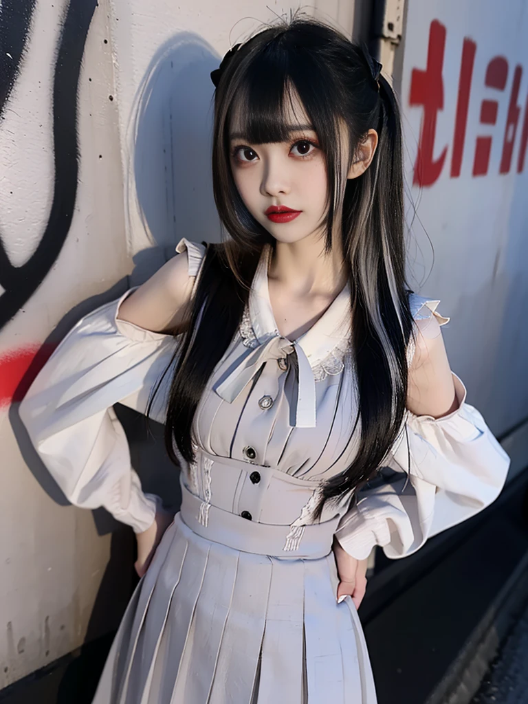 RAW Photos, 8k, (highest quality), Realistic, (live-action, Intricate details), (Natural skin texture, Detailed skin, Hyperrealism, Sharpness), (Japanese  girl standing in a dirty back alley at night, graffitied wall:1.3), ((gray and white jirai fashion, skirt, blouse)), (Pale skin:1.2), Slender body, ((Blonde, Long Hair, Blunt bangs)), (Fascinating face, Provocative look, Lips parted:1.3, eye shadow, eyeliner, Tear bags:1.2, Red lips, Dark circles under the eyes), A shy smile, graffiti:1.5, at night, Spot lighting:1.3, Upper Body Shot