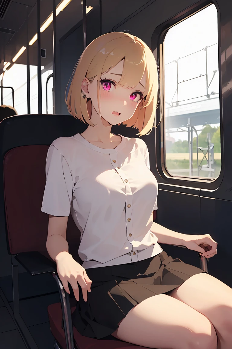 cowgirl position、、cowgirl position、Upper body naked、nude、Hide your with your hands、Blushing、Embarrassed expression、、Not wearing a bra、Light cream colored hair、short hair、Red eyes、、Blushing、lipstick、Perfect hands、Detailed hands、Train seats、hand bra