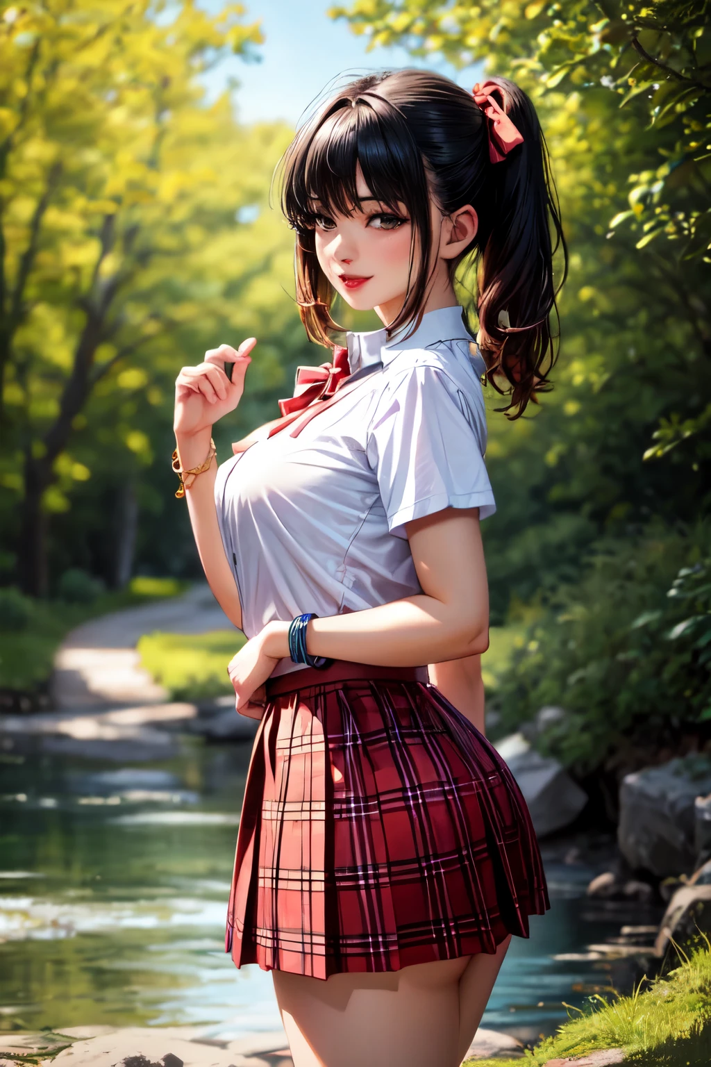 nsfw, 8K raw photo, Best quality, masterpiece, ultra high res, film grain, filmg, 1girl, looking at viewer, natural skin texture, realistic eye and face details, full lips, lipstick, (makeup), red eyeshadow, fluffy short hair, messy hair, smile, close mouth, beautiful legs, tall female, skinny, slim_legs, solo, medium breast, cleavage, Pose with buttocks facing you, ultra short skirt, ass, shirt, beautiful nature location, around flower location, (detailed background), plaid skirt, white shirt, enormous breast, cleavage, Show a little cleavage through the shirt, loafers, blurry background, blurry, holding, plaid, short sleeves, jk ribbon on the neck, jk ribbon, black hair, bracelet, water, bangs, school uniform, jewelry, parted lips, lips, from side, pleated skirt, depth of field,bulge,futa bulge,bulge:1.6