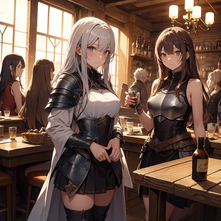 A group of female medieval fantasy adventurers, (in tavern), various hair styles, harem, night, details face, short skirt, seducing, sleeveless, armor