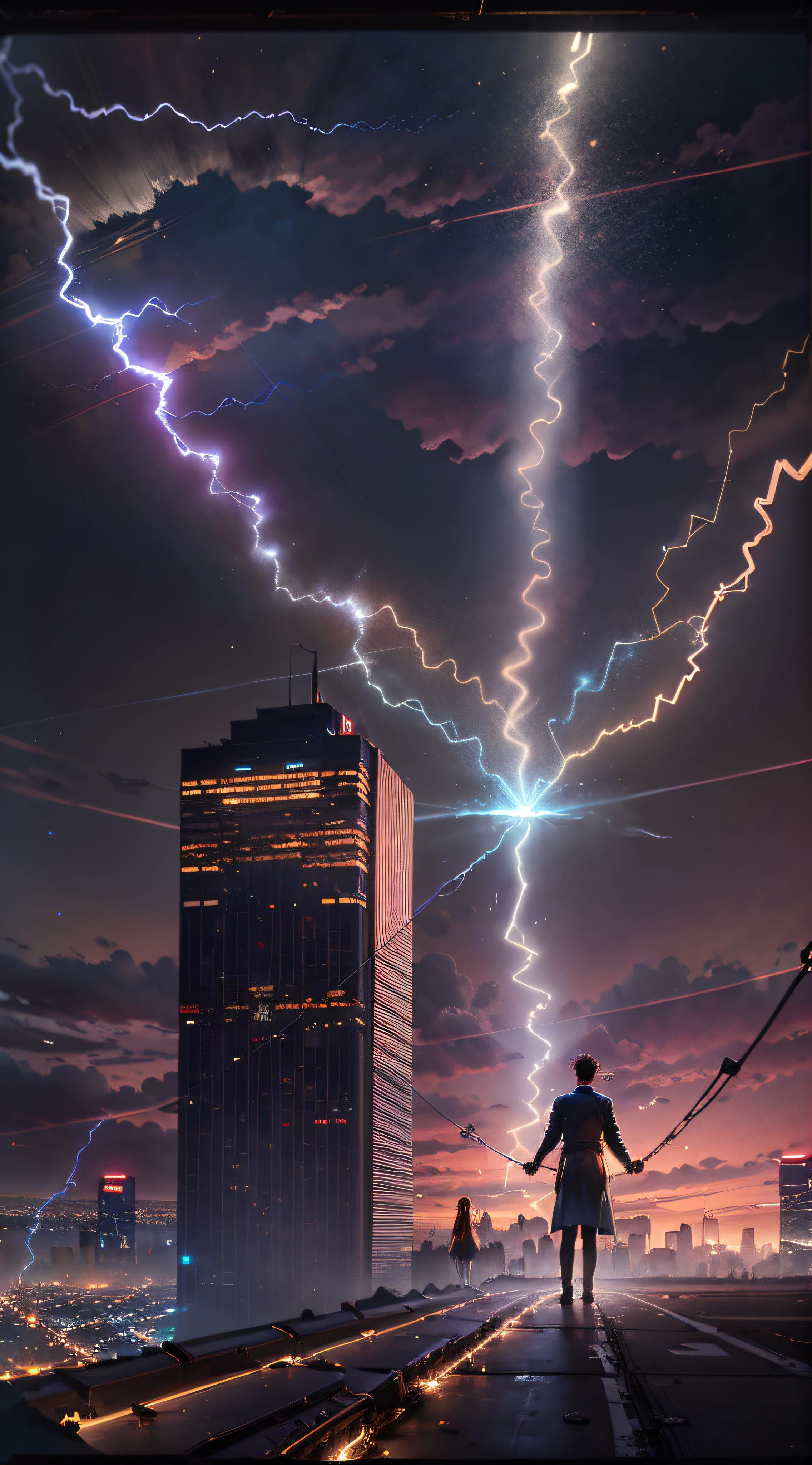 Man and woman holding hands, romance, Electropunk, tesla coils. Arc Electricity, unusually, Masterpiece, Big, ultradetail, City Rooftops, The Sky Is Good, the night, 24k. hiquality, in detail, Bright flashes of electric discharges