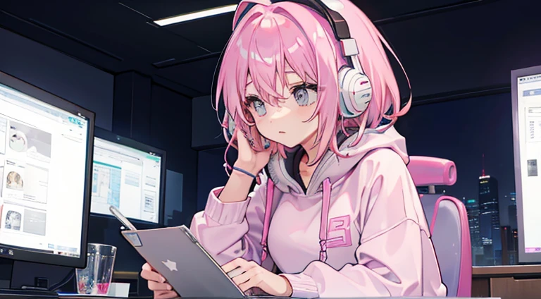 A woman with pink middle-aged hair studying with white headphones Night time wearing a grey sweatshirt
