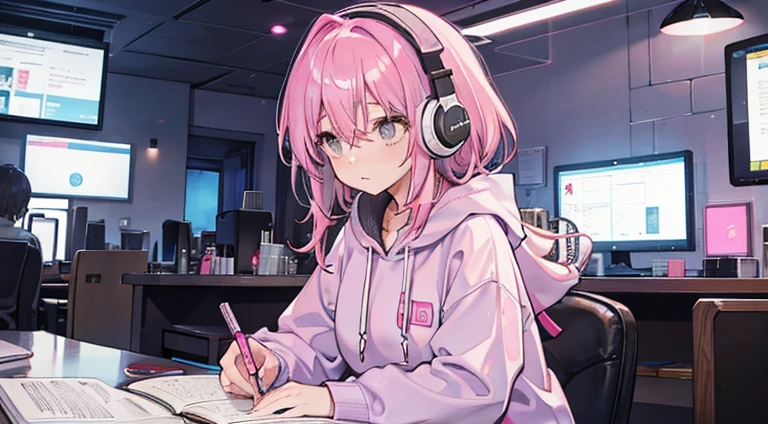 A woman with pink middle-aged hair studying with white headphones Night time wearing a grey sweatshirt