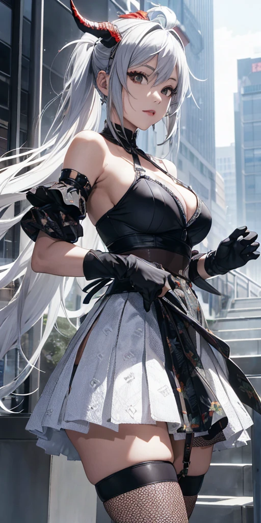 ((dress_default, terrific_default)):1.5,((独奏, 1girl)) ((masterpiece,Highest quality,Highly detailed images,Beautiful images、Realistic、Dutch Angle)), (Bright lighting overall、Backlight、A fantastic atmosphere、Thick Fog、Dust flutters),(Dynamic pose、Beautiful cleavage、large breasts)1.2, ((Beautiful starry sky:1.5、Rooftop:1.2))((arms behind head))、Black sleeves